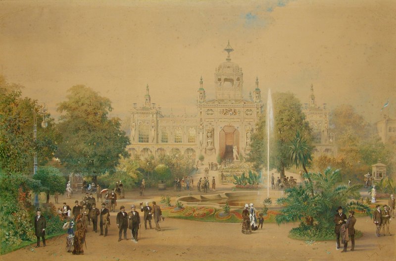 Aquarell: prunkvolles Ausstellungsgebäude mit Kuppel, davor Springbrunnen, Gartenanlage und Spaziergänger