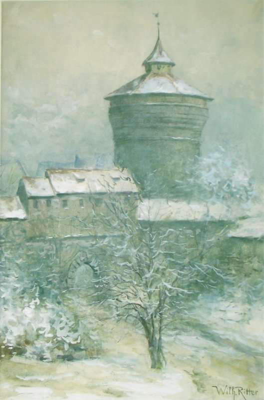 Aquarell: runder Torturm mit Spitzhelm über verschneiten Dächern in winterlich-grüner Stimmung
