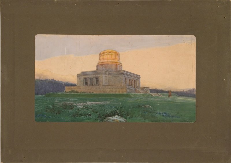 Zeichnung: kubischer Mausoleumsbau mit Kuppelaufsatz auf einer Rasenfläche vor Abendhimmel