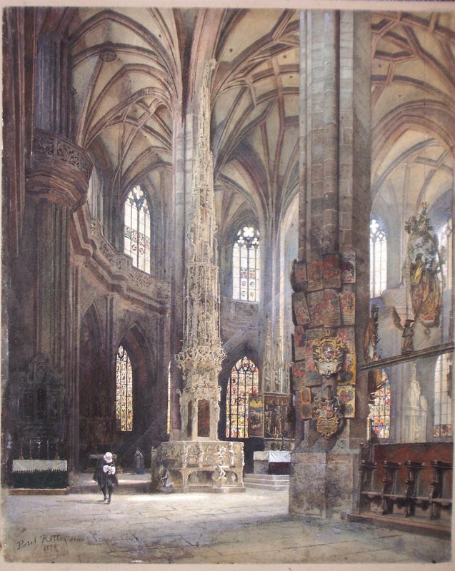 Aquarell: gotischer Kirchenchor mit Gewölben, hohem Sakramentshaus und bunten Glasfenstern
