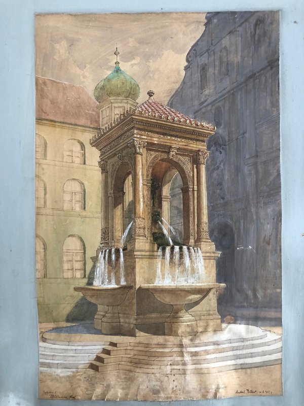 Zeichnung: überdachter Renaissance-Brunnen mit Säulen, Ziegeldach und Wasserstrahlen vor Arkadenhof