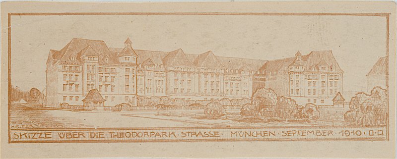 Lichtpause in Sepia: lange mehrgeschossige Wohnanlage mit Giebeln, Beschriftung „Skizze über die Theodorpark-Strasse“