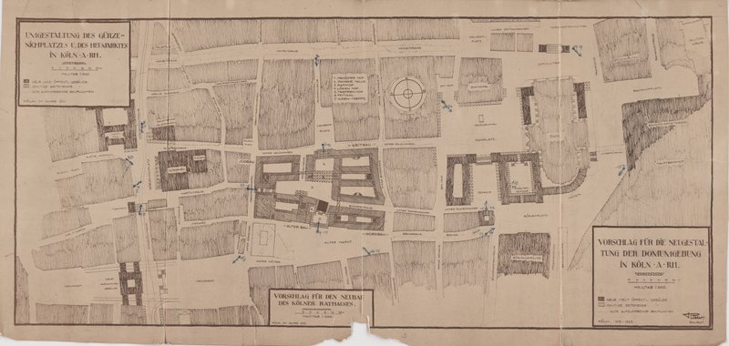 Stadtplan der Kölner Altstadt mit eingezeichneten Neubauvorschlägen für Domumgebung, Gürzenichplatz und Rathaus