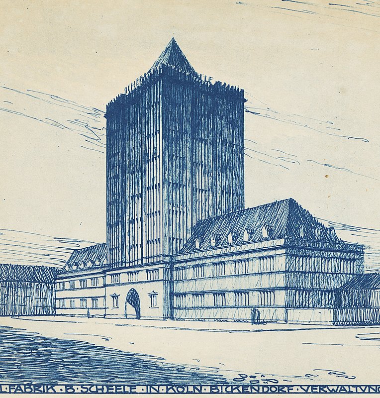 Blaue Lichtpause: Fabrikgebäude mit hohem, spitz bedachtem Turm und langem Flügelbau