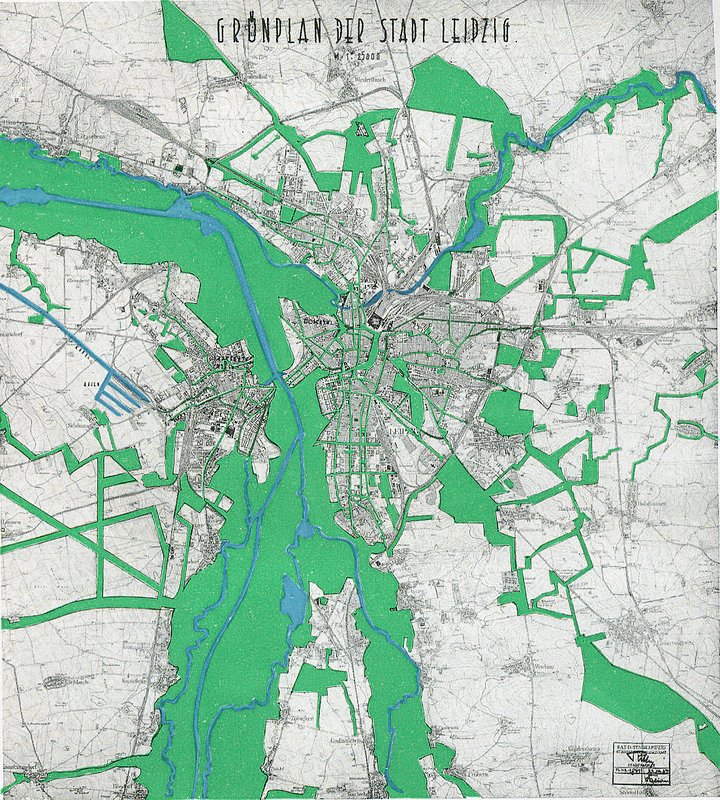 Stadtplan Leipzigs mit grün markierten Bestands- und geplanten radialen Grünflächen sowie blauen Gewässern