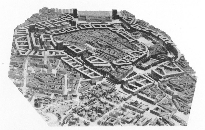 Schwarz-weißes Luftbild eines Stadtmodells: Leipziger Altstadt, umgeben von einem Ring großer Blockbauten