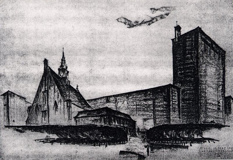 Kohlezeichnung: gotische Matthäikirche vor einem hohen, kubischen Hochhausbau mit Turm