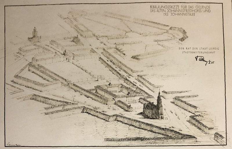 Perspektivische Bebauungsskizze aus der Vogelschau mit Baublöcken um den Friedhof und Johanniskirche, signiert