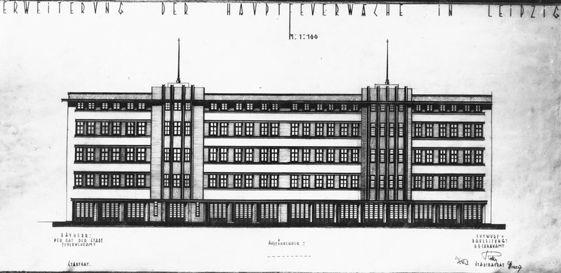 Fassadenzeichnung „Erweiterung der Hauptfeuerwache in Leipzig“: viergeschossiger Bau mit zwei Turmaufbauten