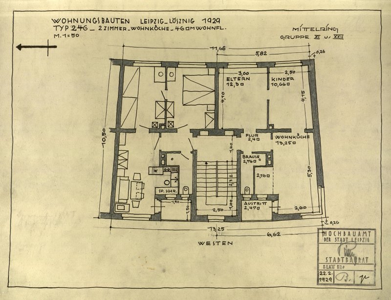 Lichtpause „Wohnungsbauten Leipzig-Lößnig 1929, Typ 246“ mit zwei möblierten Kleinwohnungen und Stempel des Hochbauamts