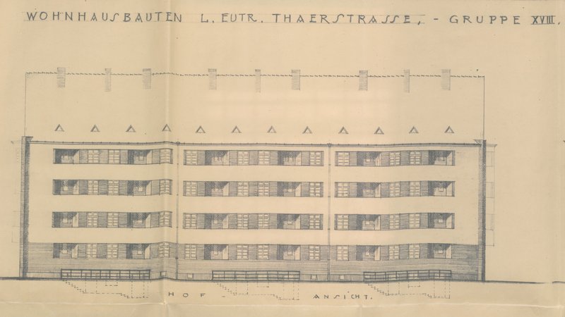 Lichtpause einer viergeschossigen Fassadenansicht, beschriftet „Wohnhausbauten L.-Eutr. Thaerstrasse – Gruppe XIII“