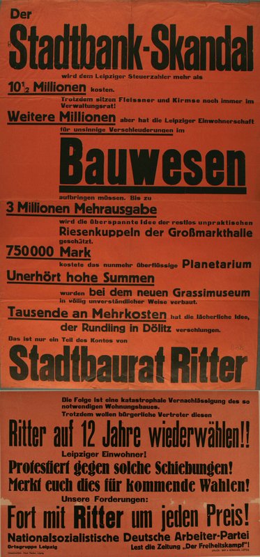 Rotes Textplakat „Der Stadtbank-Skandal“ mit Vorwürfen zu Bauwesen, Großmarkthalle, Planetarium und Grassimuseum