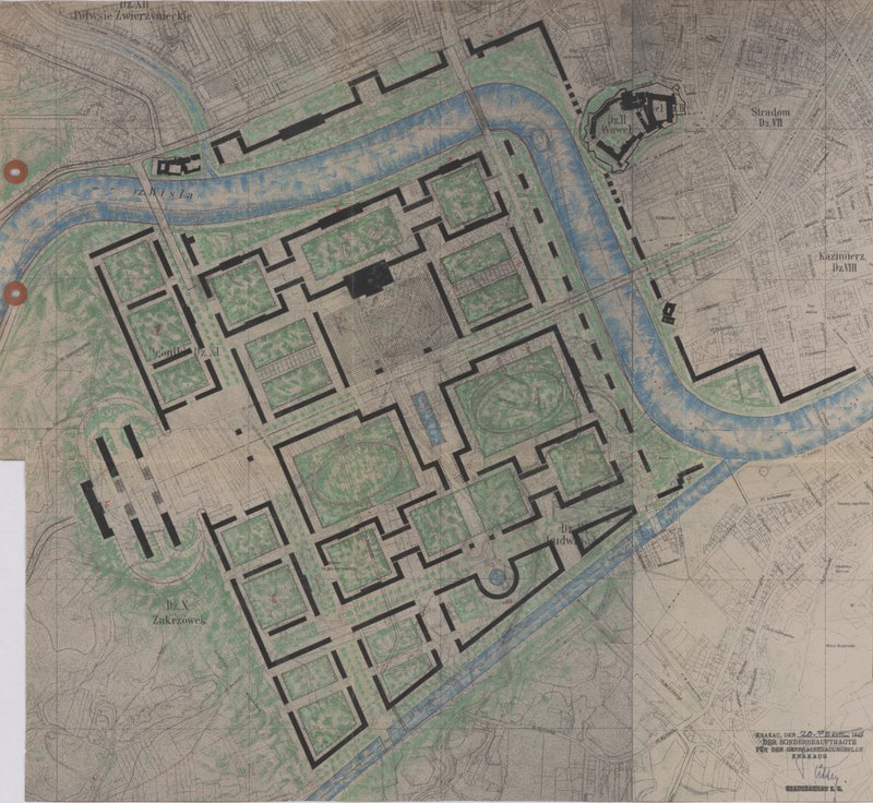 Farbiger Lageplan mit Weichselbogen, Wawelhügel und geometrisch angeordneten Baublöcken des Regierungsviertels