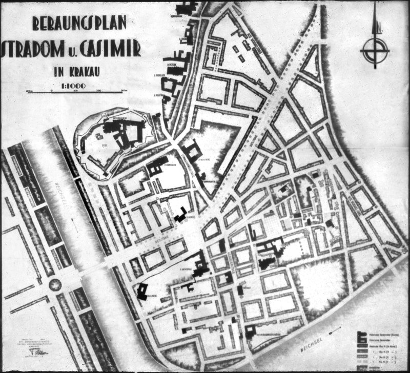 Schwarzweißer Bebauungsplan „Stradom u. Casimir in Krakau 1:1000“ mit Straßennetz, Wawel und Nordpfeil