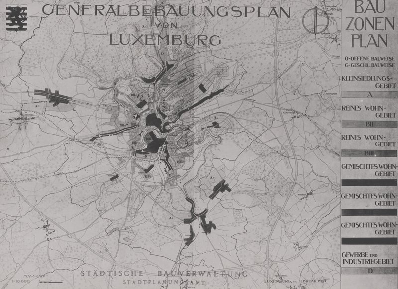 Plan „Generalbebauungsplan von Luxemburg – Bauzonenplan“ mit Stadtgebiet und Legende der Bauzonen am rechten Rand