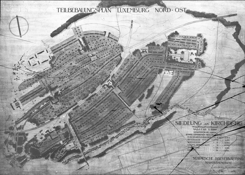 Schwarzweißer Teilbebauungsplan „Luxemburg Nord-Ost“ mit Siedlung Kirchberg und Straßenführung