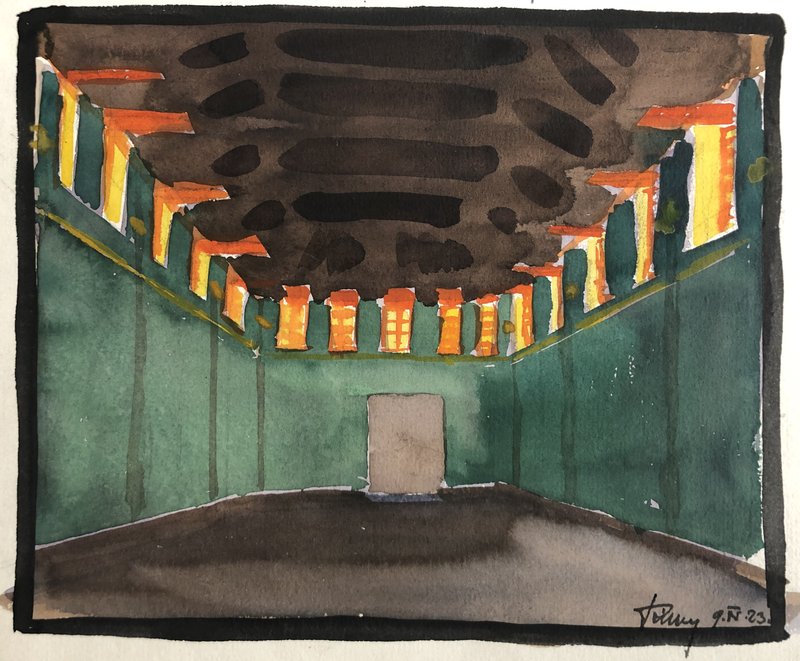 Aquarell: Innenraum einer Turnhalle mit grünen Wänden und orange leuchtenden Oberlichtern unter dunkler Decke