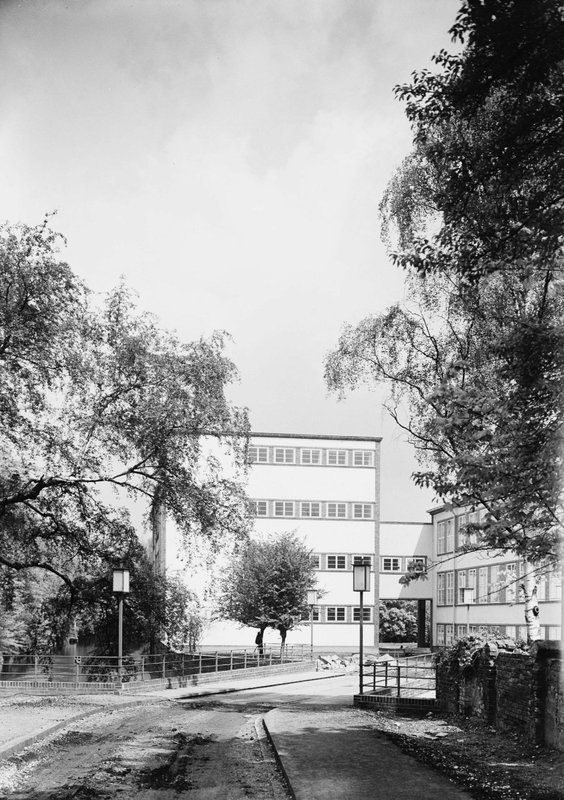 Schwarzweißfoto: weißer kubischer Bau mit Fensterbändern, gerahmt von Bäumen, Weg mit Laternen im Vordergrund