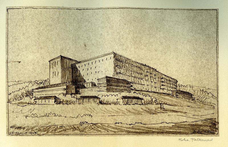 Tuschezeichnung: monumentaler, festungsartiger Klinikbau mit Turm auf einer Anhöhe, bez. „Leipzig 1943“
