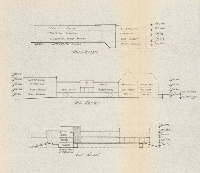 Schematische Ansichten von Norden, Westen und Süden mit beschrifteten Abteilungen und Geschosshöhen