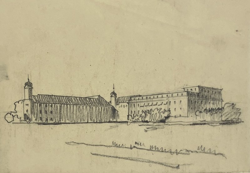 Bleistiftskizze der Klosteranlage Azlburg mit Turm und geplantem Erweiterungsflügel