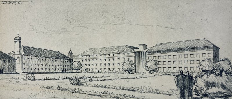 Bleistiftzeichnung: Klosterbau mit Zwiebelturm links, anschließend langer dreigeschossiger Erweiterungsbau