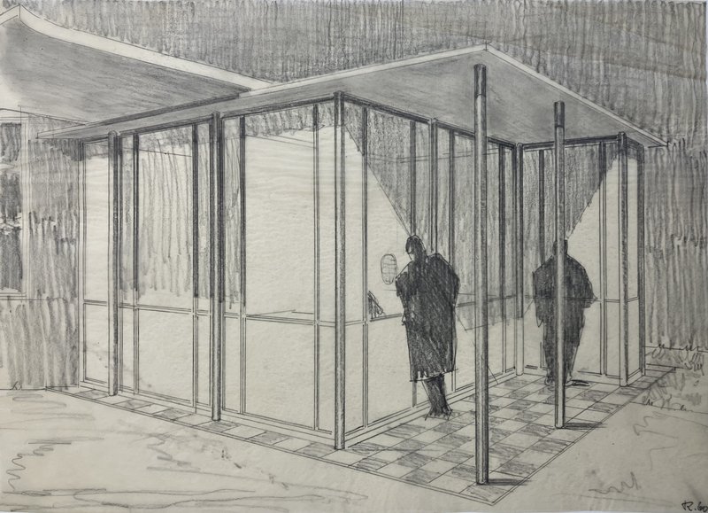 Bleistiftzeichnung: verglaster Foyerpavillon mit Stützen und Flachdach, zwei Personen im Inneren, sign. „R.60“