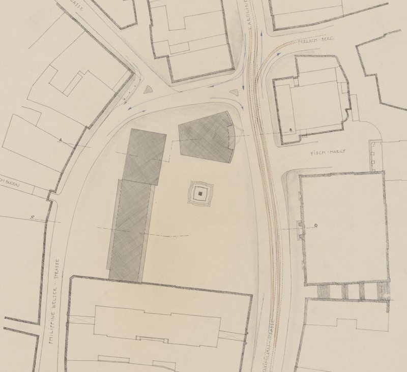 Lageplan in Tusche auf getöntem Papier mit Straßenverlauf und dunkel markierten Neubaukörpern