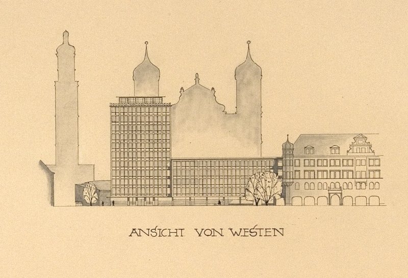 Ansicht von Westen: Bürohochhaus und Kino neben Rathaus mit Zwiebeltürmen und Perlachturm, Tuschezeichnung