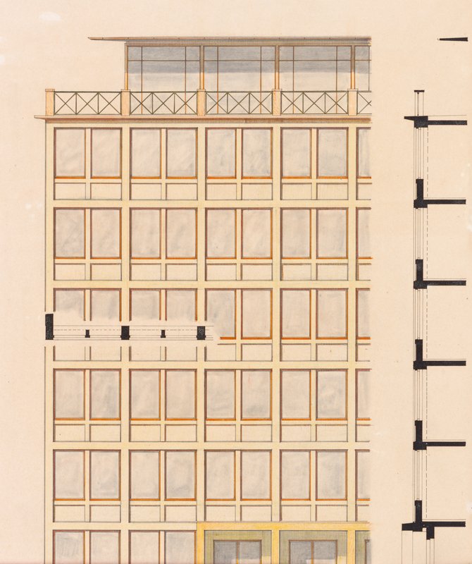 Kolorierter Fassadenausschnitt eines Hochhauses mit Fensterraster und verglastem Dachgeschoss